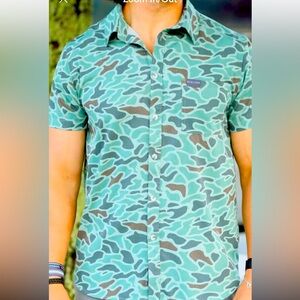 BURLEBO Men's Camouflage Button Down Shirt - Green and Brown